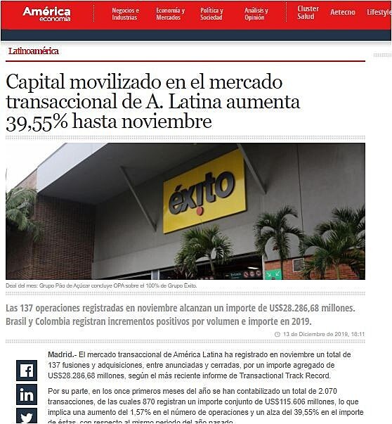 Capital movilizado en el mercado transaccional de A. Latina aumenta 39,55% hasta noviembre